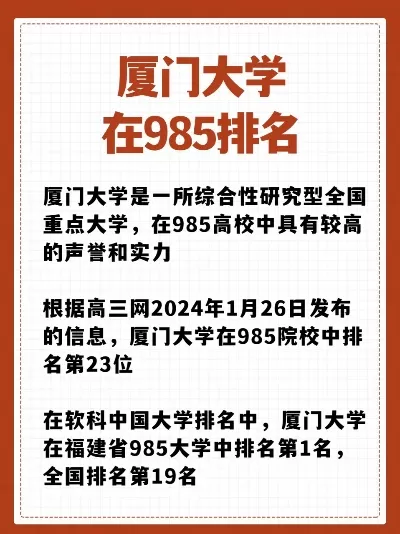 厦门大学985排名第几？全面剖析其综合实力与特色定位